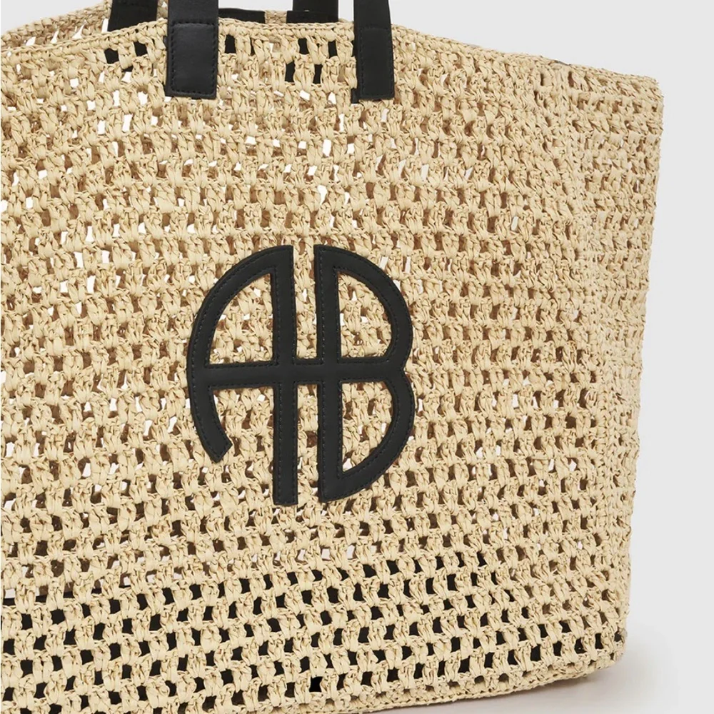 Anine Bing Natural Straw Tote with Black Logo and Handles